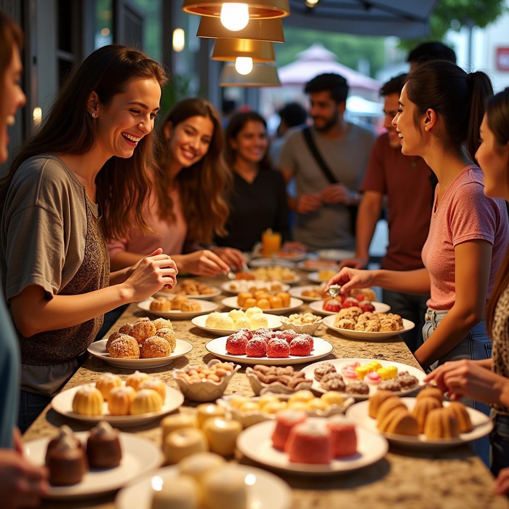 Group of tourists on a food tour in Mumbai tasting Indian sweets