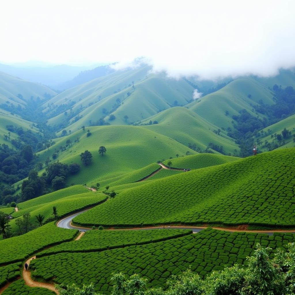 Misty hills and tea plantations in Munnar, Kerala