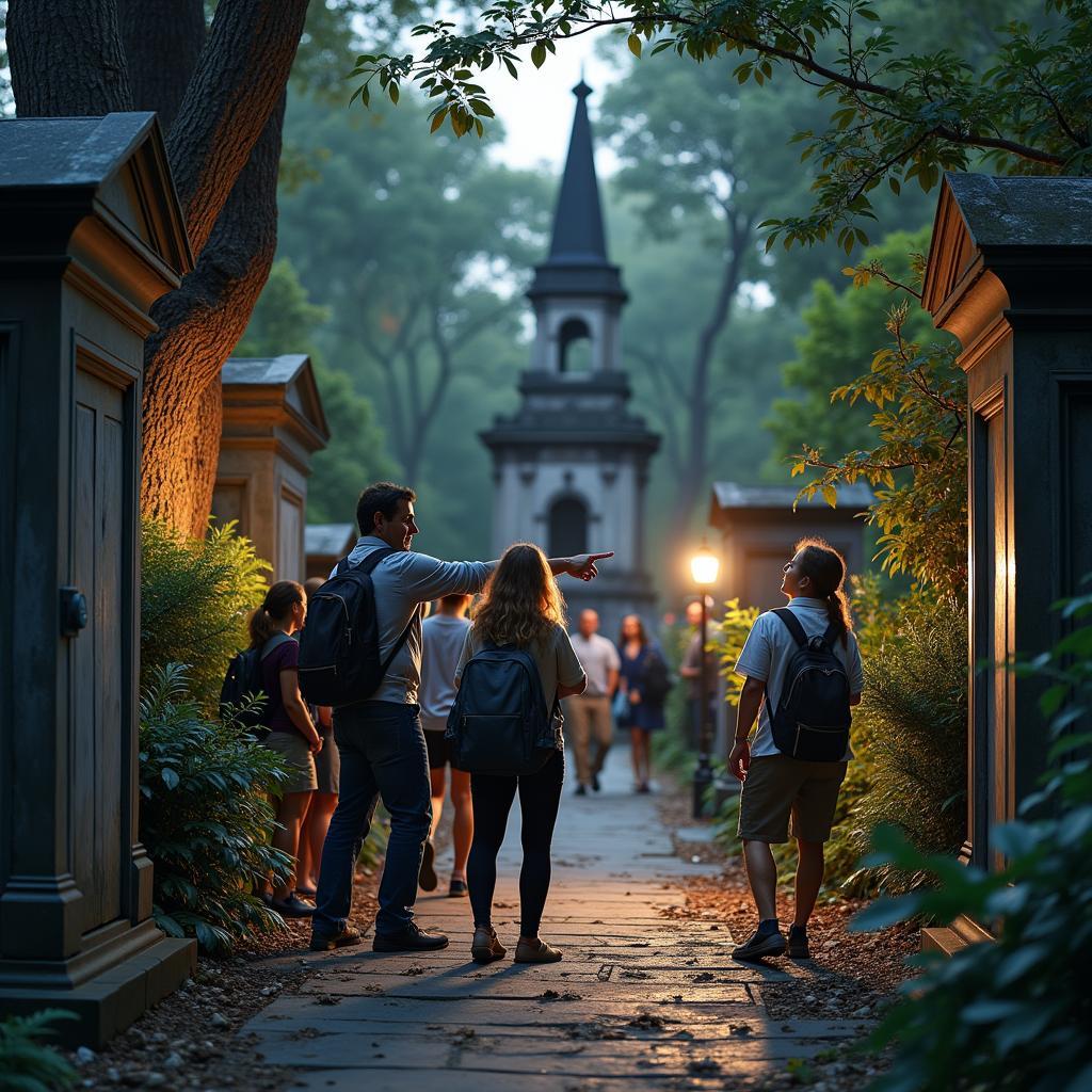 Tourists exploring a historic cemetery in New Orleans on a ghost tour