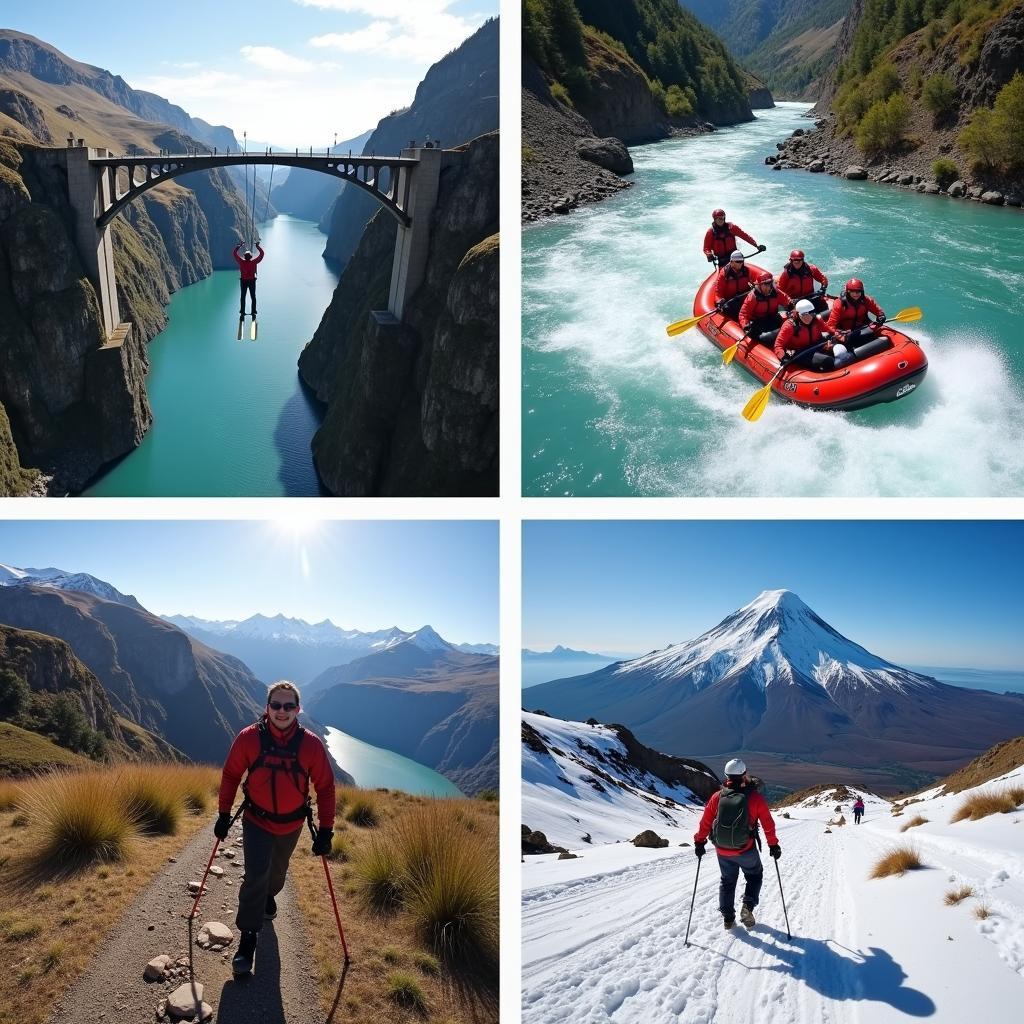 Thrilling adventure activities in New Zealand, including bungy jumping, white-water rafting, skiing, and hiking