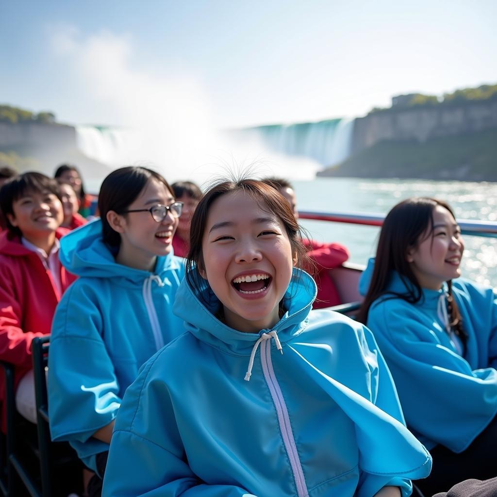 Chinese Tourists Enjoying the Maid of the Mist Boat Ride at Niagara Falls