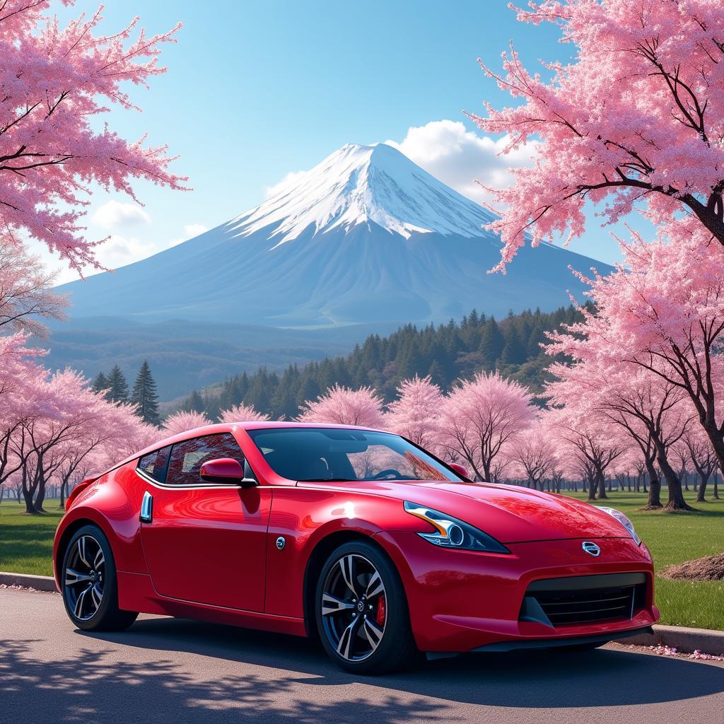 2013 Nissan 370z Coupe Touring parked near Mount Fuji with cherry blossoms