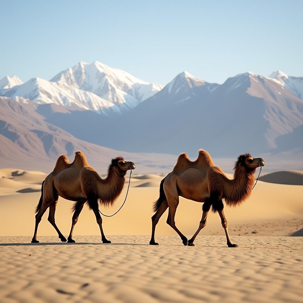 Bactrian camels traversing the sand dunes of Nubra Valley