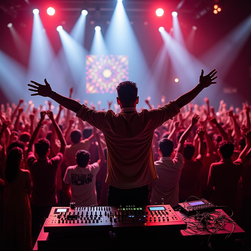 Nucleya electrifies the crowd at a live concert in Tokyo, Japan, blending Indian sounds with global bass.