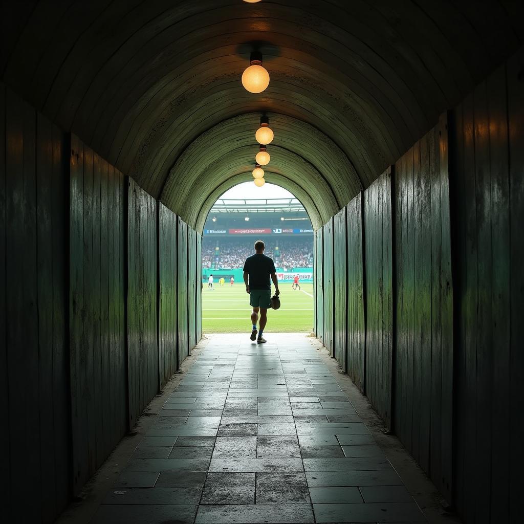 The dimly lit players' tunnel at Old Trafford, with the vibrant green pitch and the stands visible at the end, creating a sense of anticipation and excitement.