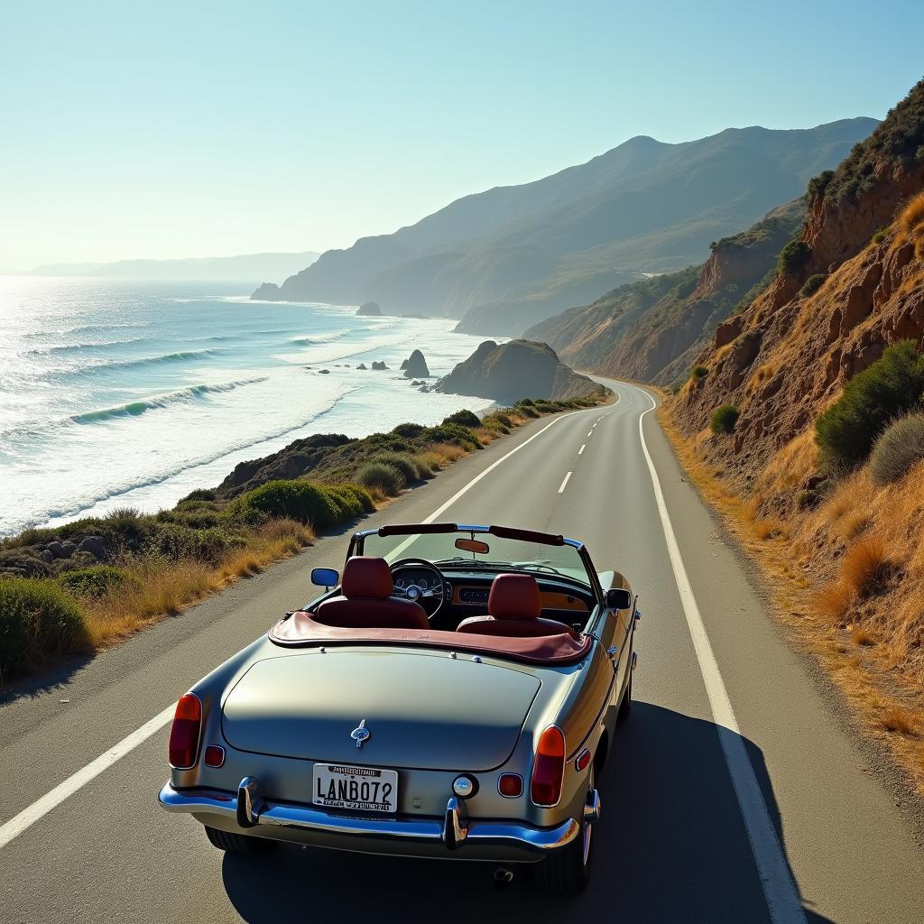 Car driving along the Pacific Coast Highway with ocean views.