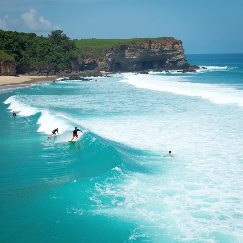 Surfers riding the waves at Padang-Padang Beach