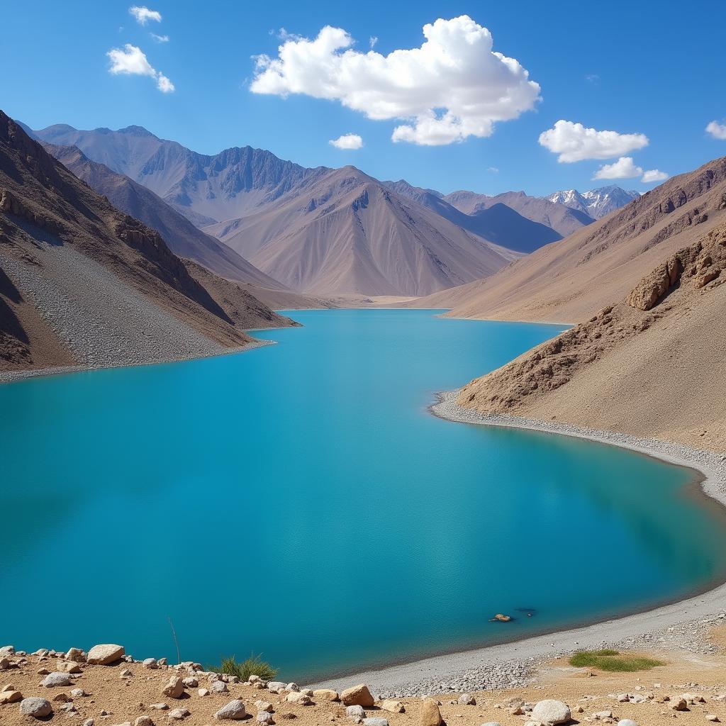 Crystal clear blue waters of Pangong Tso Lake in Ladakh, surrounded by rugged mountains.