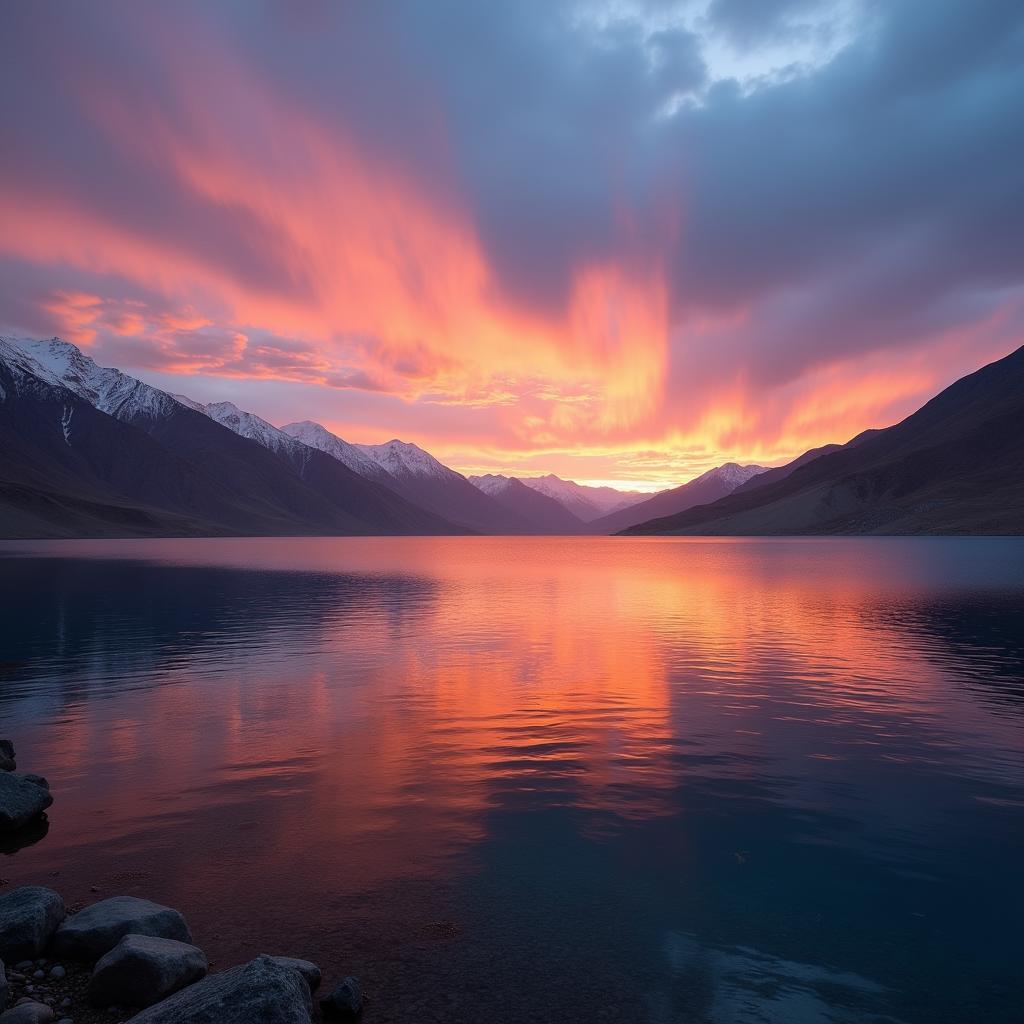 Sunset at Pangong Tso Lake during a 6 days 5 nights Leh Ladakh Tour