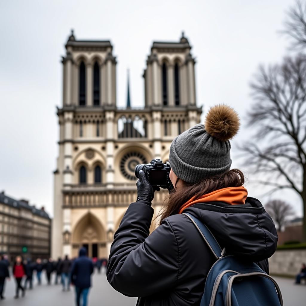 Tourist from Toronto taking pictures of Notre Dame Cathedral in Paris.