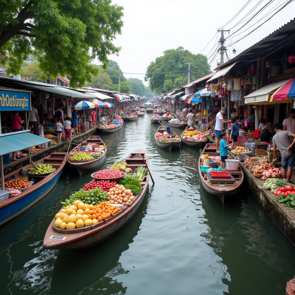 Vibrant boats at Pattaya Floating Market selling local delicacies and crafts