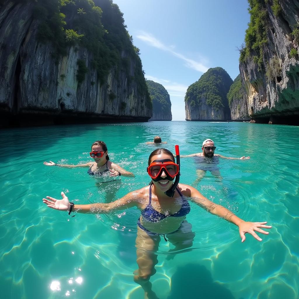 Tourists snorkeling in the clear waters of Phra Nang Cave Beach in Krabi, Thailand, surrounded by colorful coral reefs and diverse marine life, with the iconic limestone cliffs in the background.