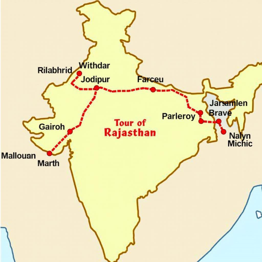 Rajasthan tour map highlighting major cities and attractions