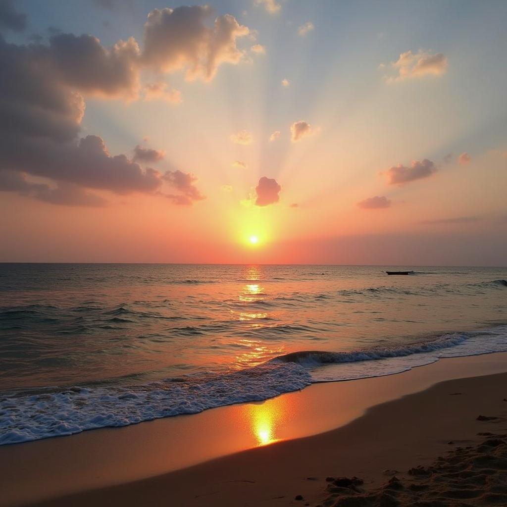 Rameshwaram Beach Sunset: Tranquil scene of sunset over the Indian Ocean.