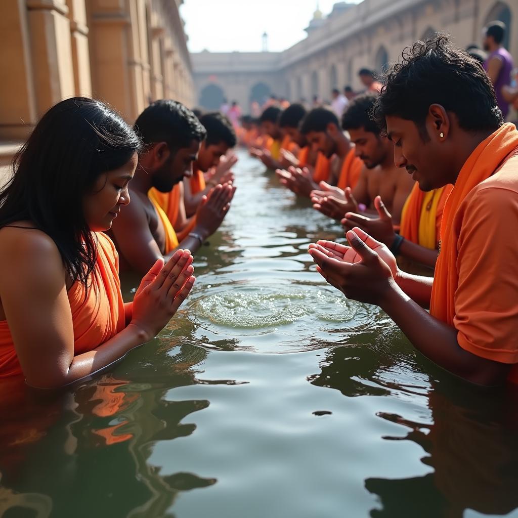 Devotees taking a dip in the sacred wells at Rameshwaram Temple as part of the cleansing ritual.