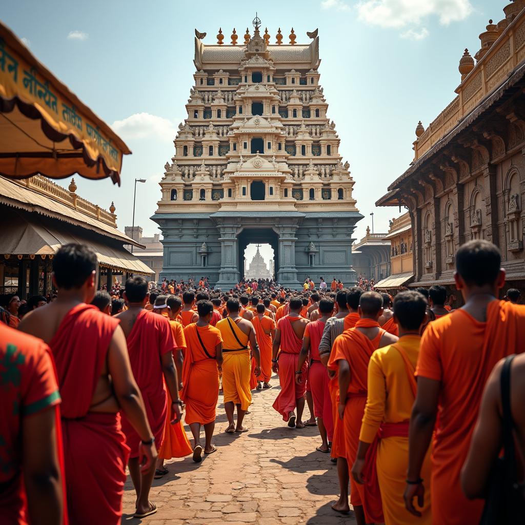 Pilgrims visiting the magnificent Rameshwaram Temple, engaging in prayer and rituals.