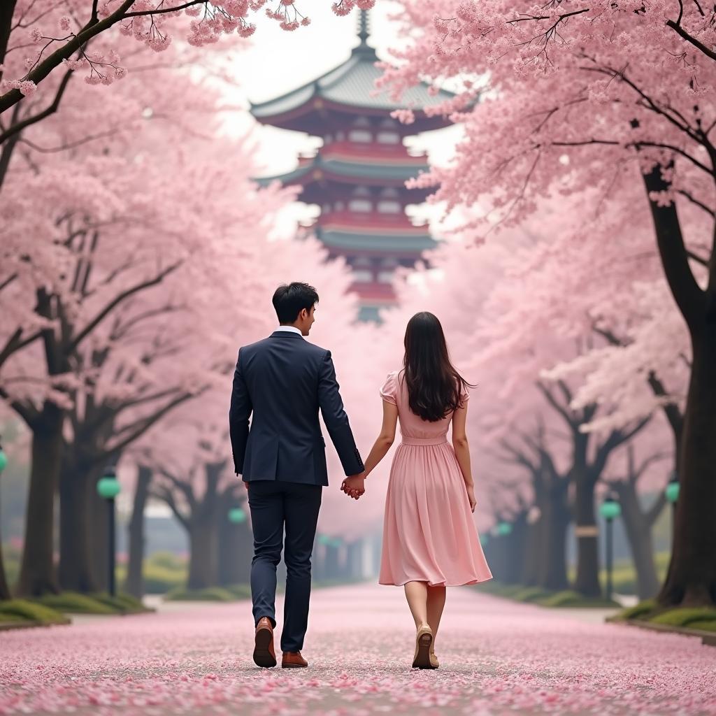 Romantic Couple in Japan during Cherry Blossom Season