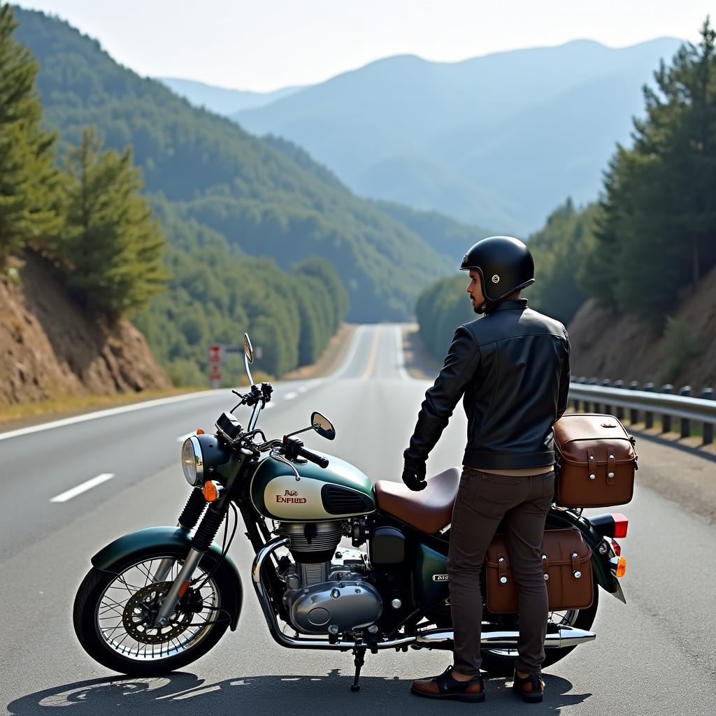 Royal Enfield motorcycle with a touring seat on a scenic Japanese road