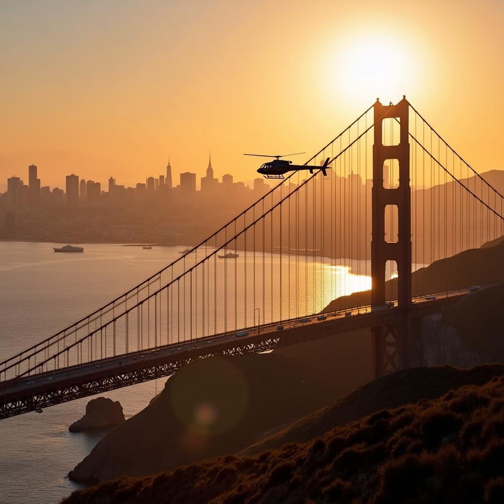 San Francisco Helicopter Tour above the Golden Gate Bridge at sunset