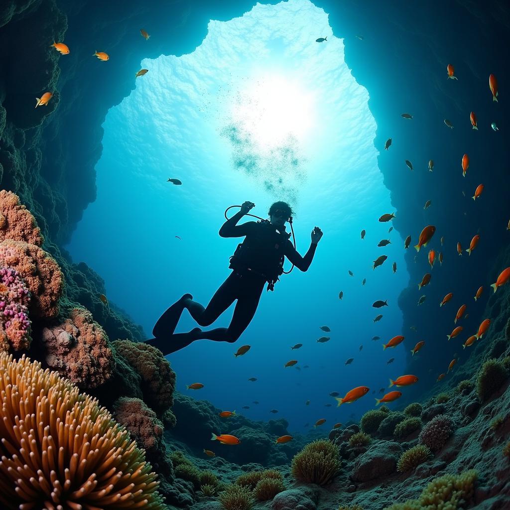 A scuba diver explores the colorful coral reefs of the Great Barrier Reef.