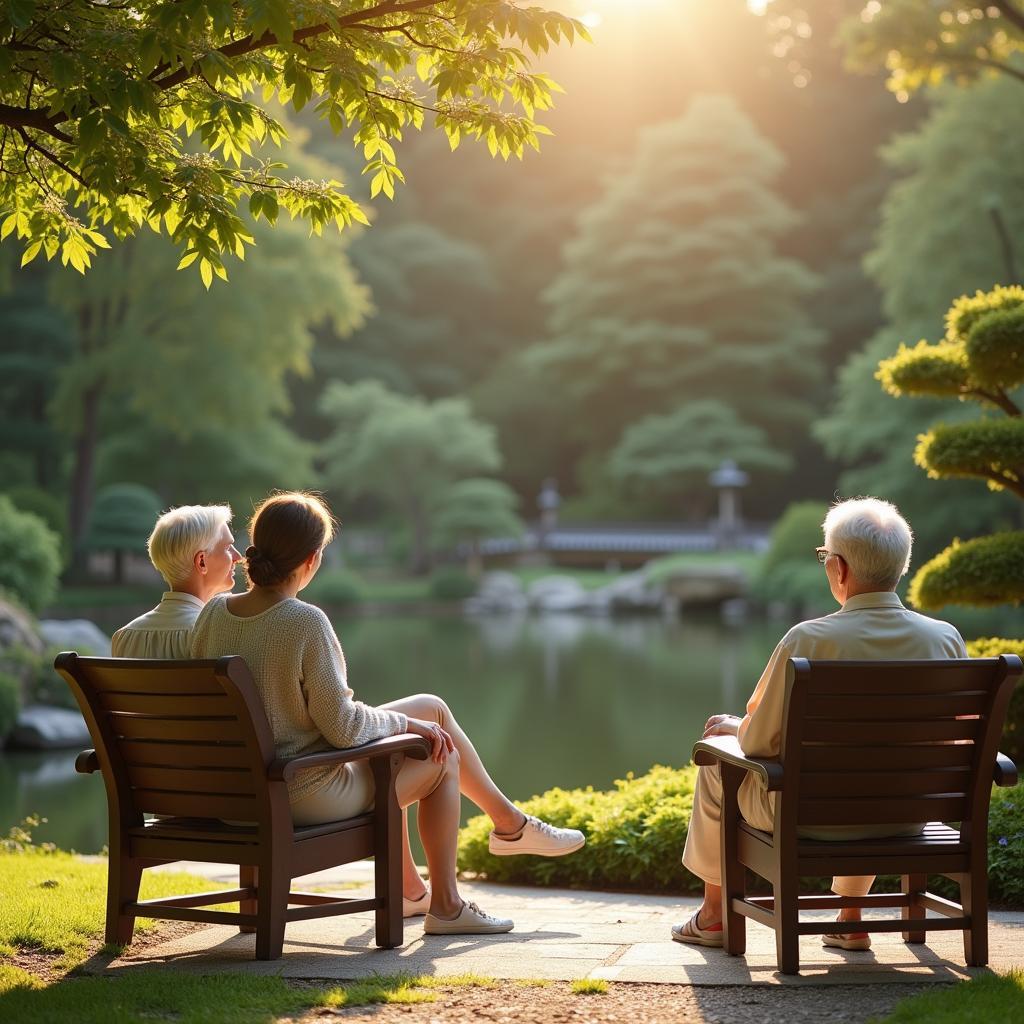 Seniors Relaxing in a Japanese Garden