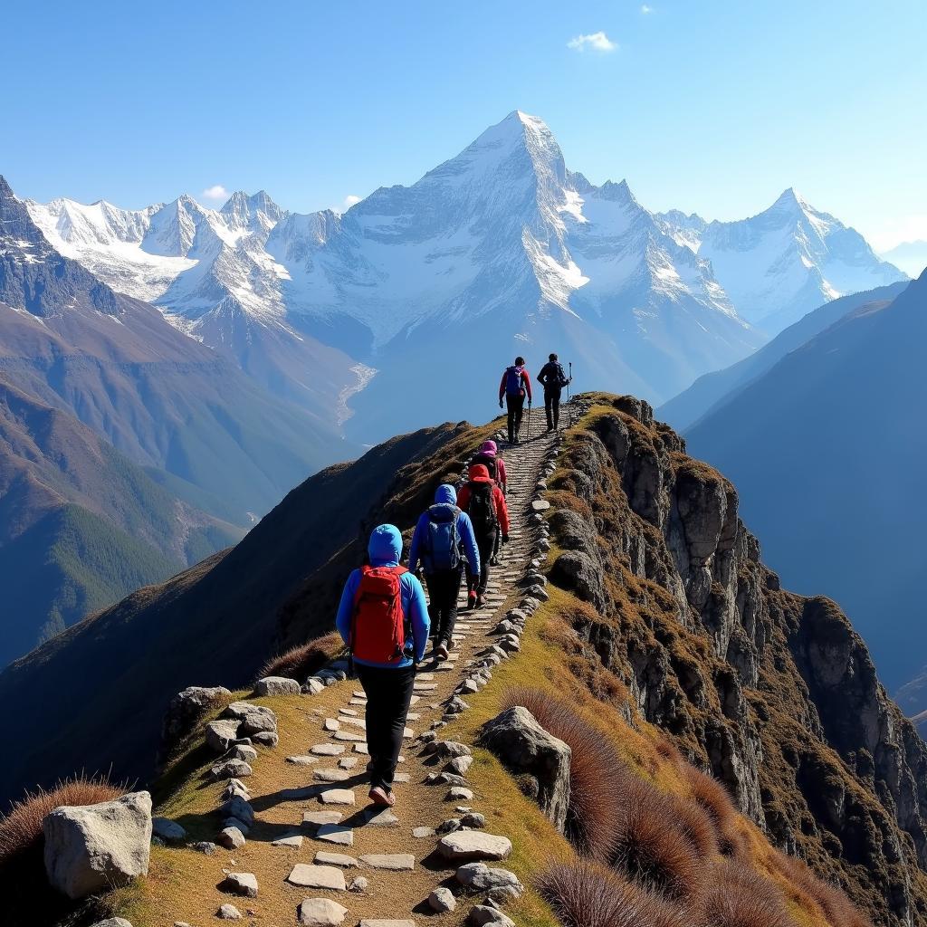 Trekkers ascending Shali Tibba with majestic Himalayan peaks in the background