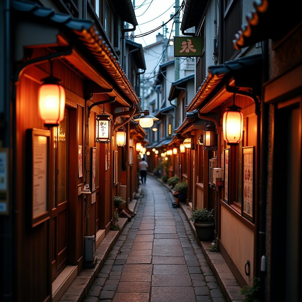 Exploring Shibuya's Nonbei Yokocho at Night: A glimpse into the atmospheric alleyways filled with small bars and restaurants, exuding a charming and traditional Japanese vibe.