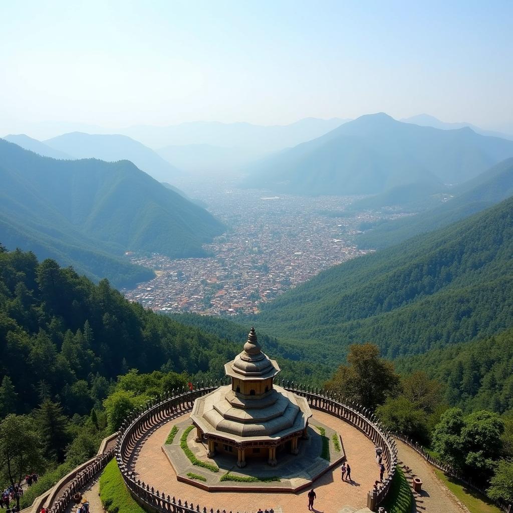 Panoramic view of Shimla from the Jakhoo Temple, overlooking the city and surrounding mountains.