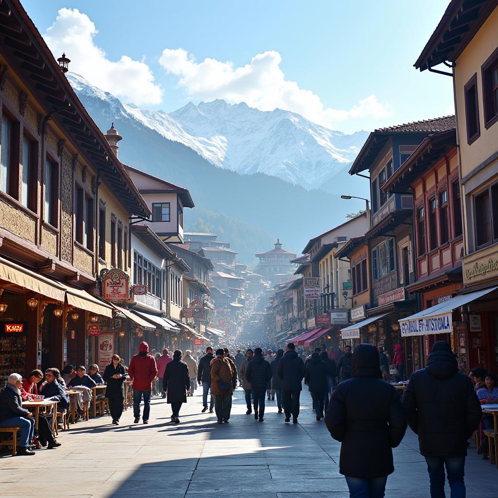 Bustling scene of the historic Mall Road in Shimla, India