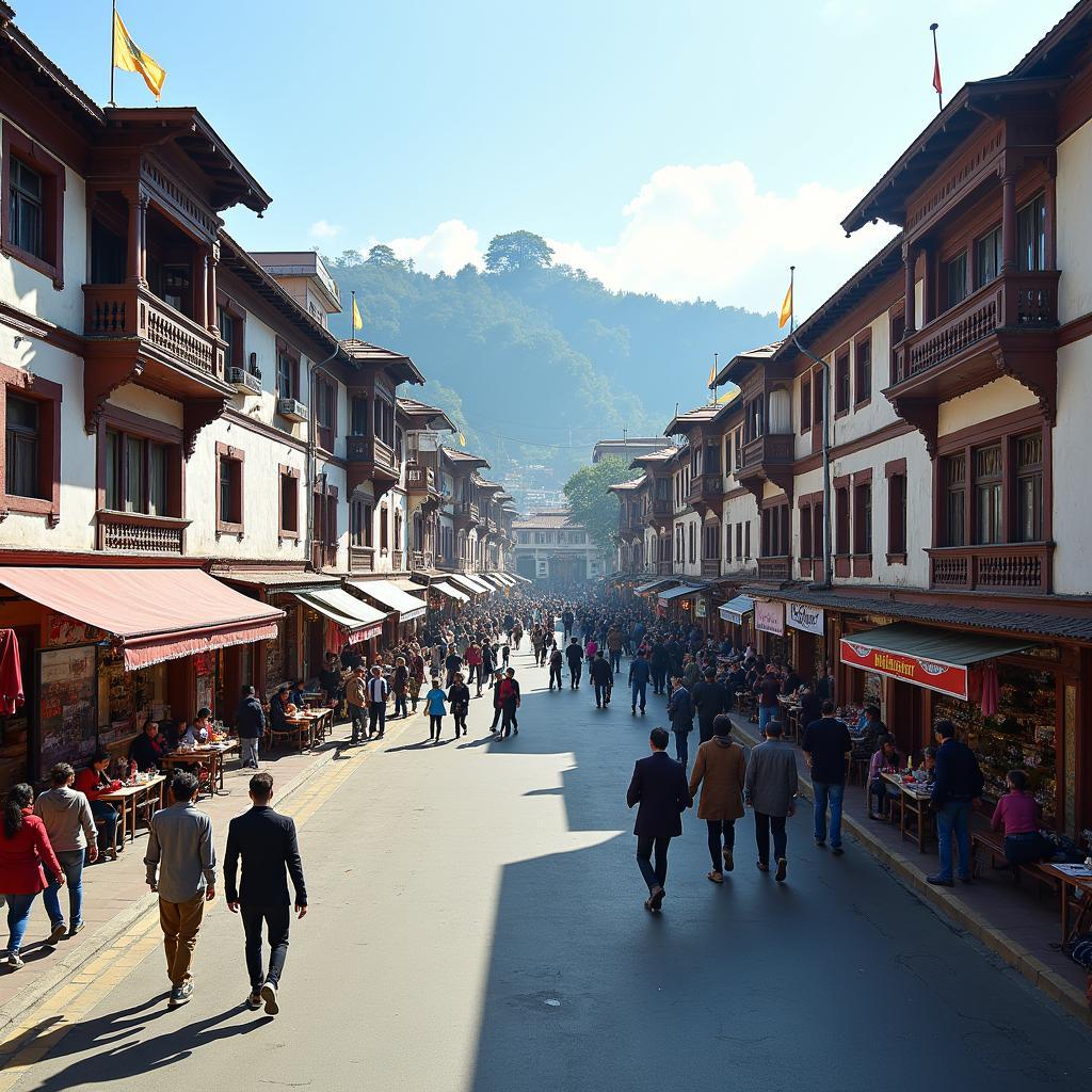 Shimla Mall Road bustling with activity showcasing its colonial architecture