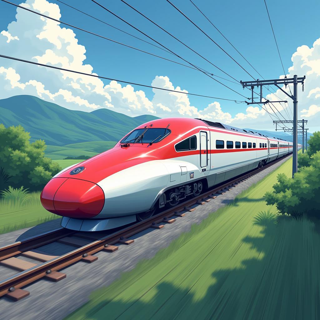 Shinkansen bullet train speeding through Japan.