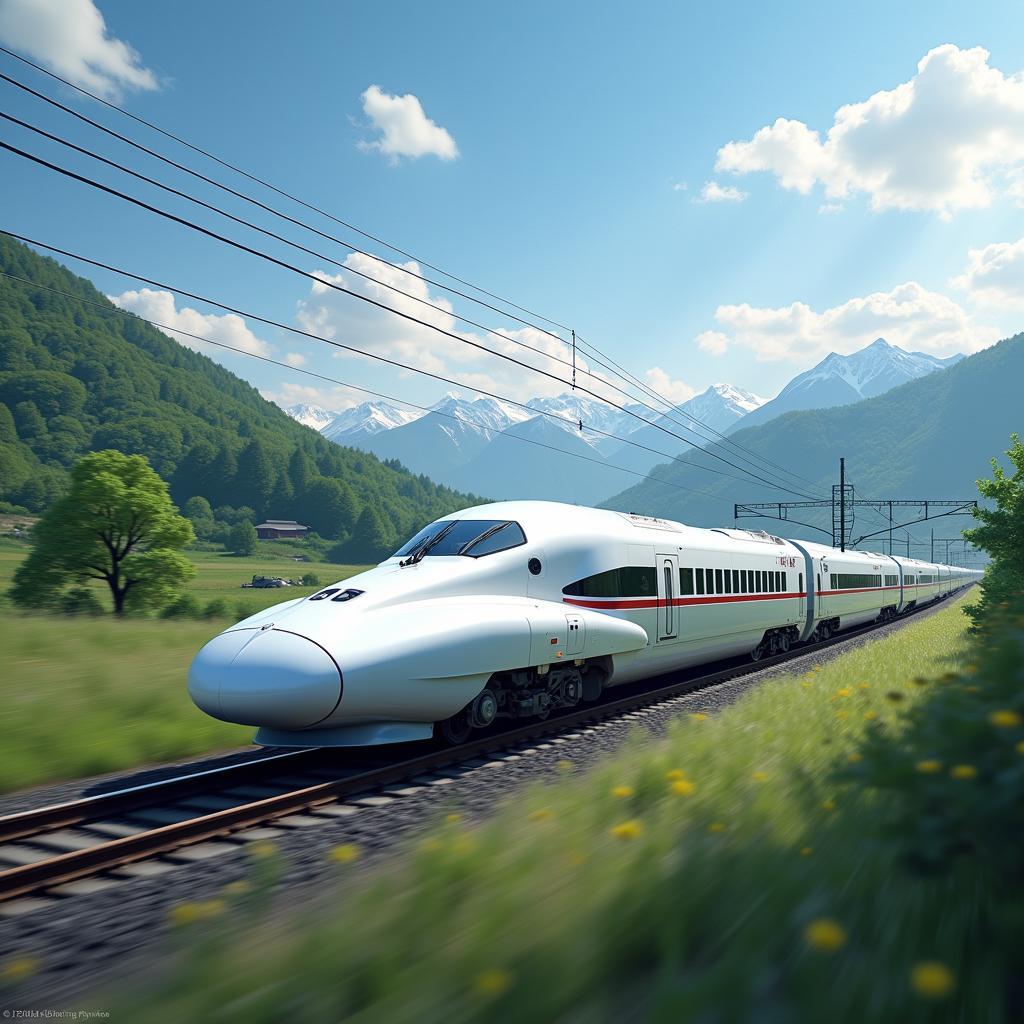 Shinkansen Bullet Train speeding through the Japanese countryside