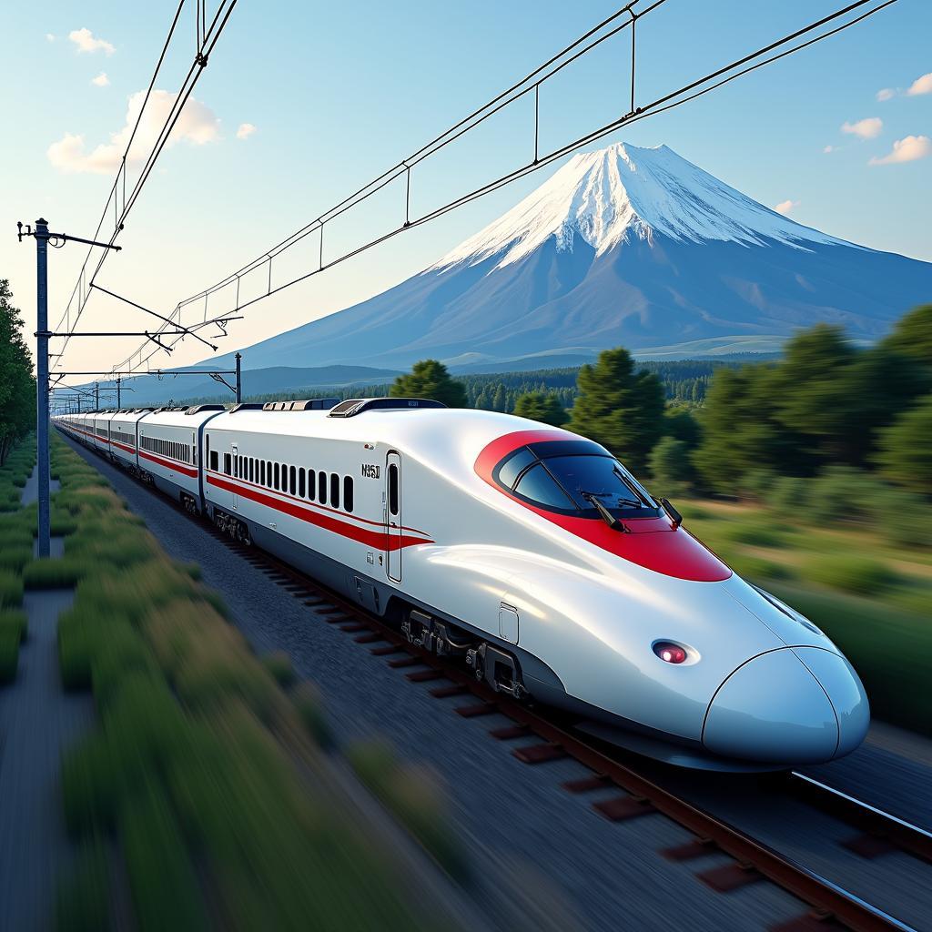 Traveling through Japan on the Shinkansen with Mount Fuji in the distance.