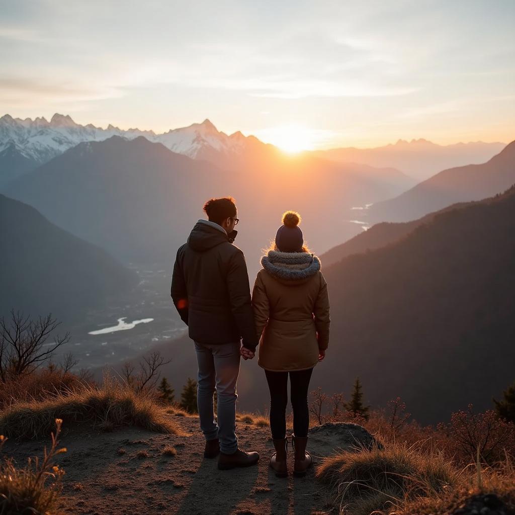 Couple enjoying breathtaking mountain views in Sikkim