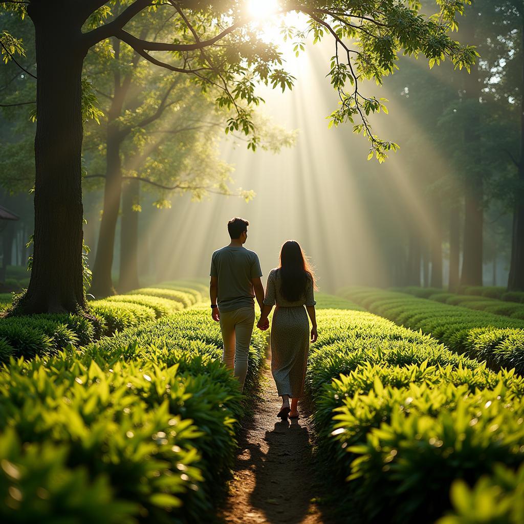 Romantic stroll through a tea garden in Sikkim