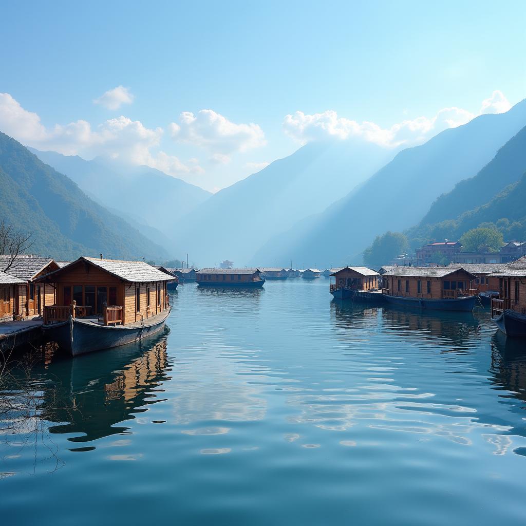 Colorful houseboats on the serene waters of Dal Lake in Srinagar