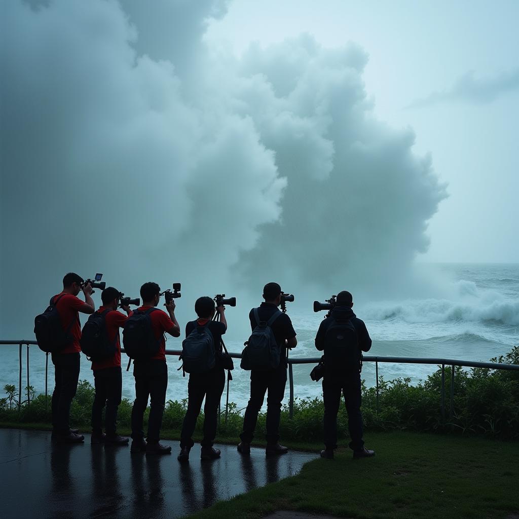 Storm chasers observing a typhoon from a safe distance