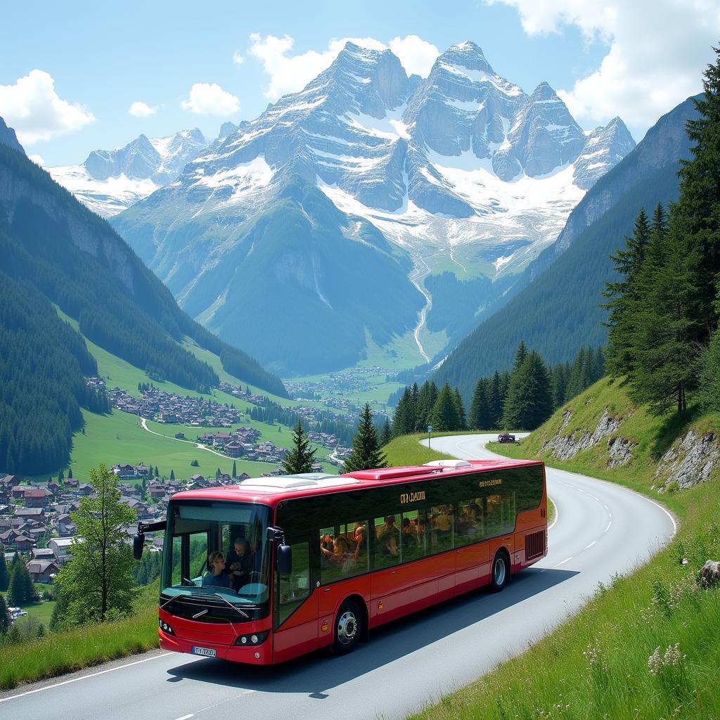 Panoramic view of a bus tour winding through the Swiss Alps, showcasing snow-capped peaks, lush valleys, and picturesque villages