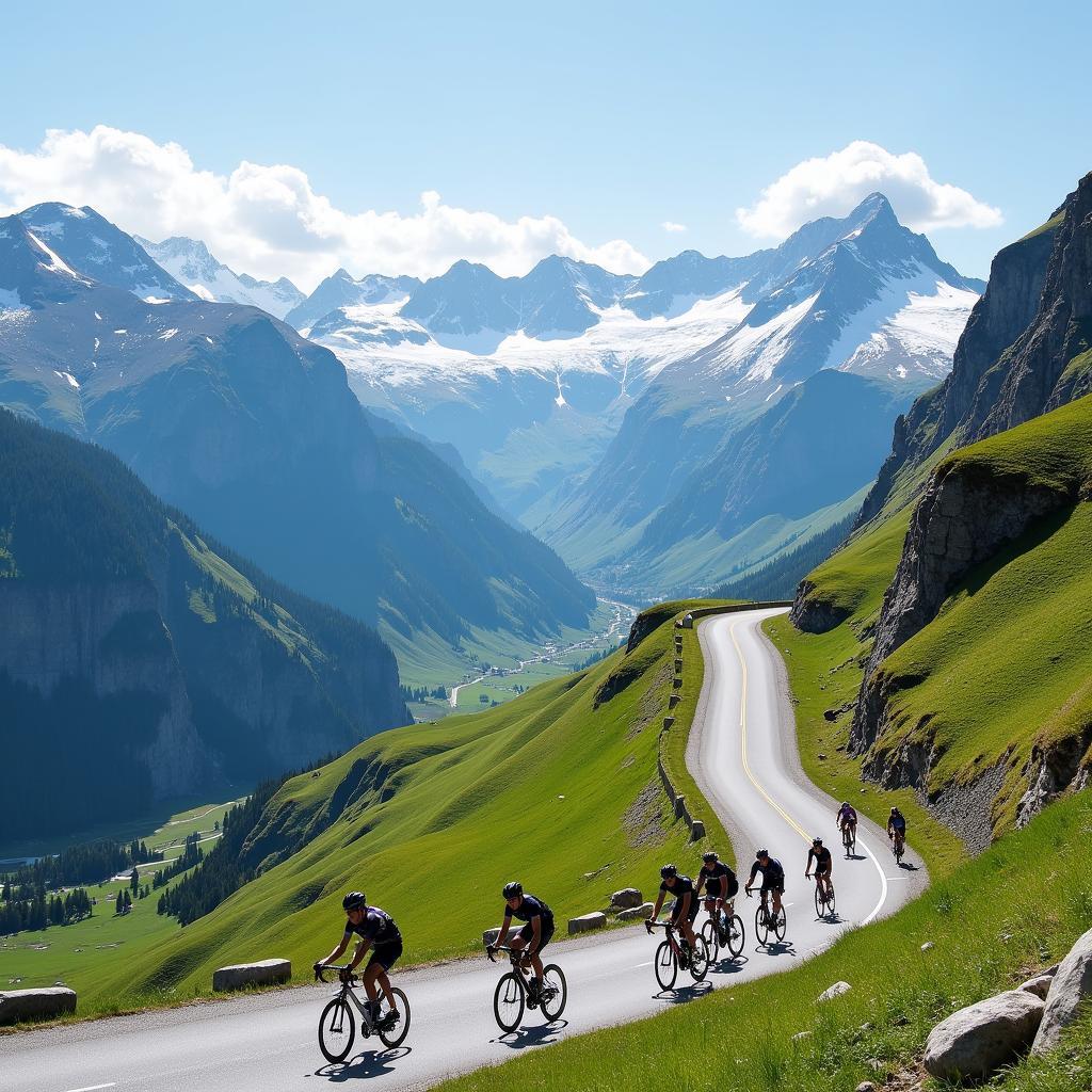 Cyclists Navigating a Winding Road through the Swiss Alps during the 2018 Tour de Suisse