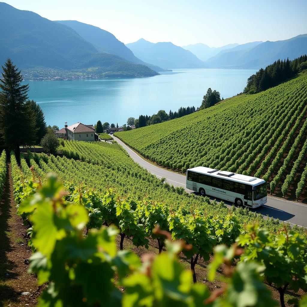 A bus tour passing through vineyards overlooking Lake Geneva, showcasing the beautiful landscape and serene waters