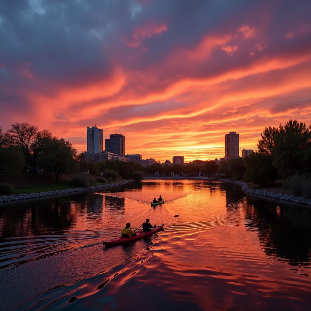 Kayaking on Tempe Town Lake at sunset with the Tempe skyline in the background