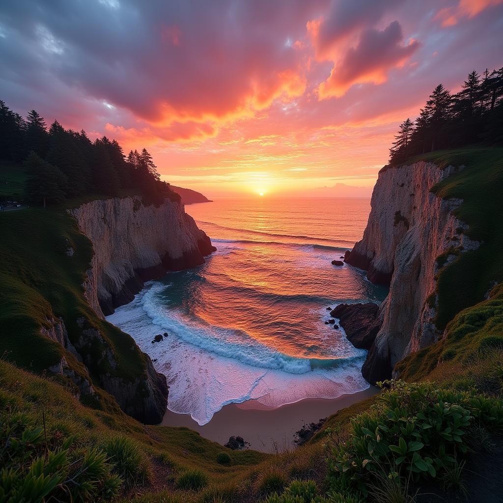 Panoramic sunset view from Thomas Beach cliffs