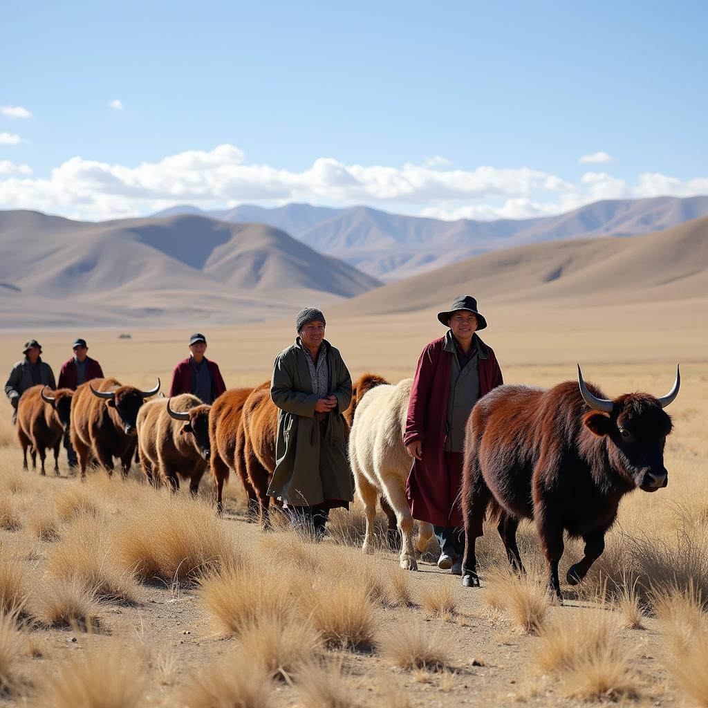 Tibetan nomads herding yaks across the vast Tibetan plateau.