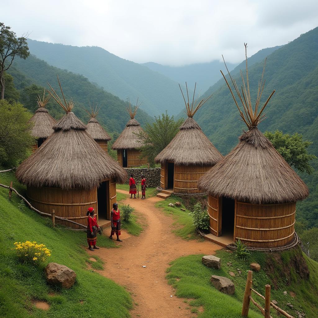 Toda tribal village with traditional huts and people in traditional attire