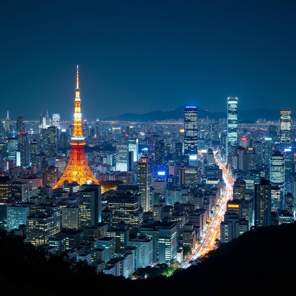 Tokyo Cityscape at Night with Illuminated Buildings