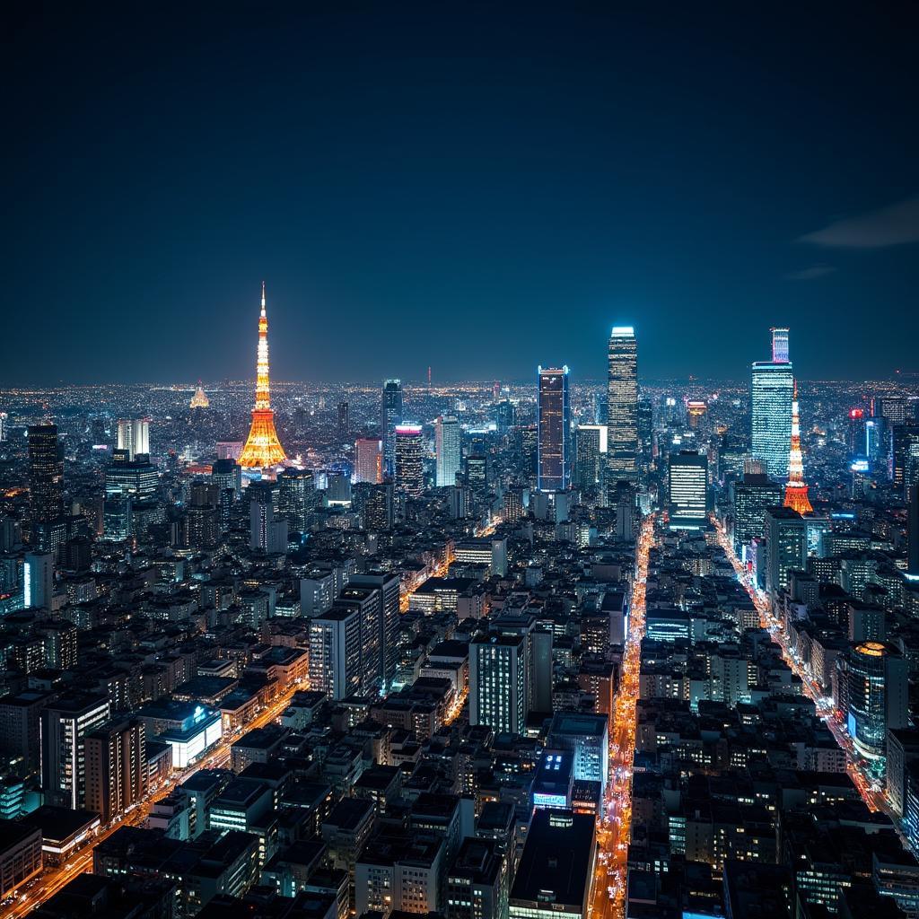 Vibrant Tokyo cityscape at night with illuminated skyscrapers.