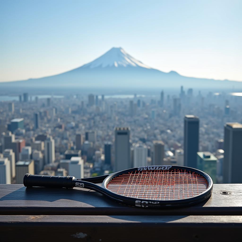 Tokyo cityscape with tennis racket