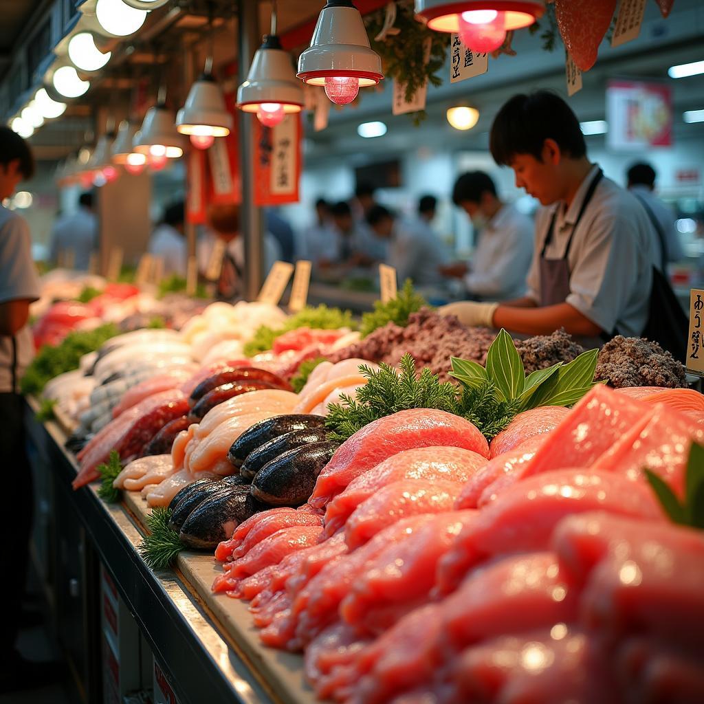 Fresh seafood on display at the bustling Tsukiji Outer Market in Tokyo.