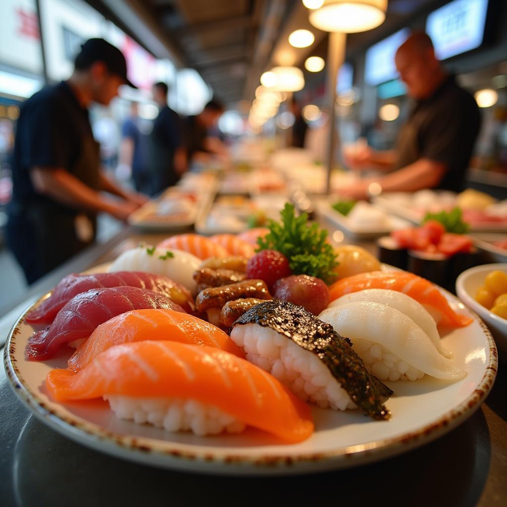 Enjoying fresh sushi at Tokyo's bustling fish market.