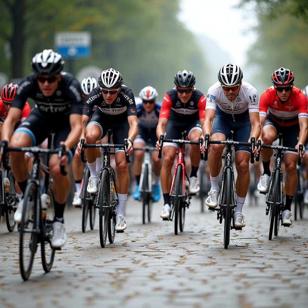 Cyclists navigating the treacherous cobbles of stage 5